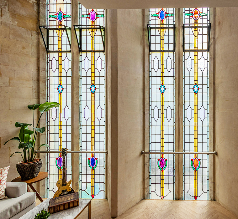 Original stained glass windows at St James Church Cardiff